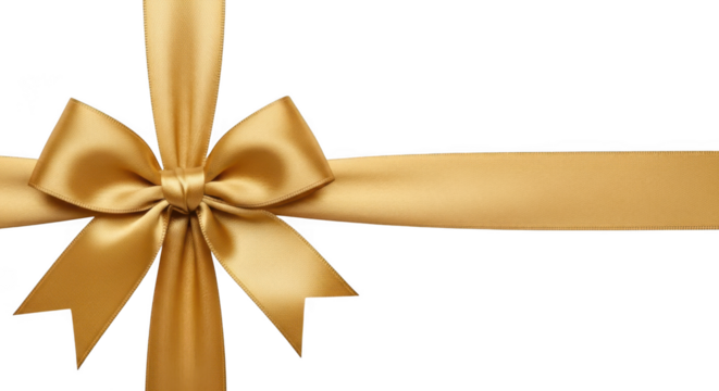 Golden satin ribbon bow isolated on transparent background