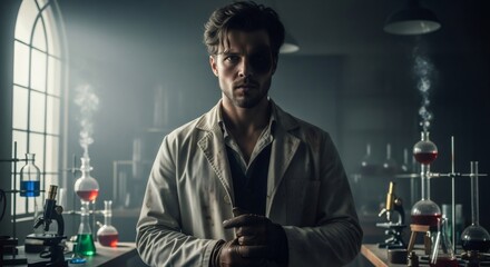 Caucasian man in laboratory coat with science equipment, conceptualizing mysterious discovery or scientific breakthrough with a dramatic mood.