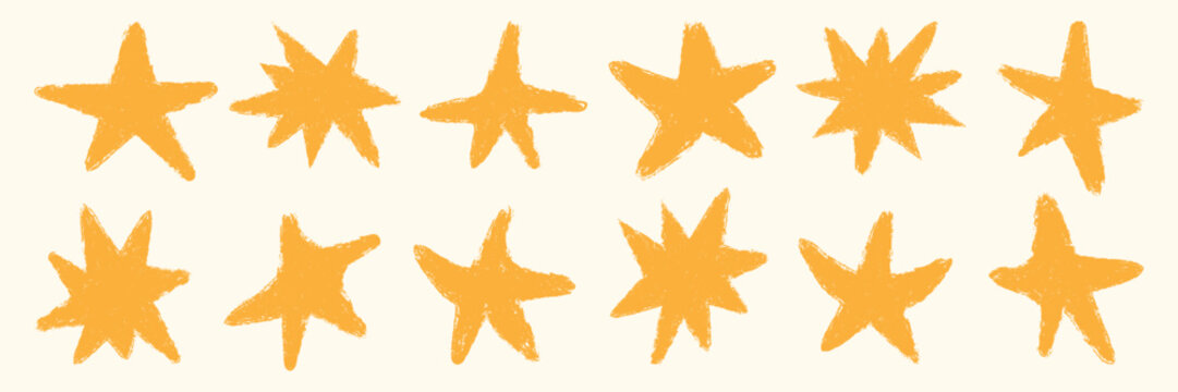 Textured comic star set. Cute child drawings. Chalk style stars silhouette. Retro sketch star silhouettes. Yellow starburst design elements