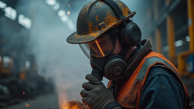 Worker coughing thick gray factory dust cloud metal grinding sparks respirators fogged
