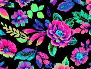 Neon glowing floral pattern with vibrant psychedelic flowers