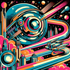 Futuristic Sci-Fi Landscape with Planet and Spaceship Illustration 