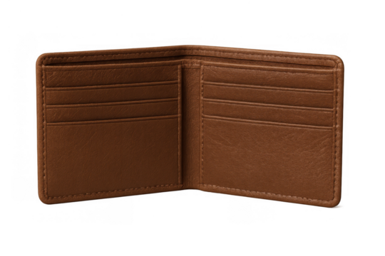 Empty brown leather bifold wallet with card slots, visualizing financial scarcity or budgeting on a transparent background