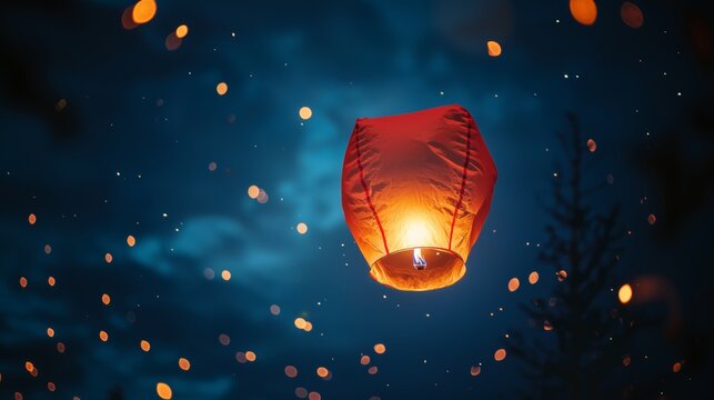 Illuminated Floating Paper Lanterns Emitting Soft Glow in the Night Sky During a Magical Festival