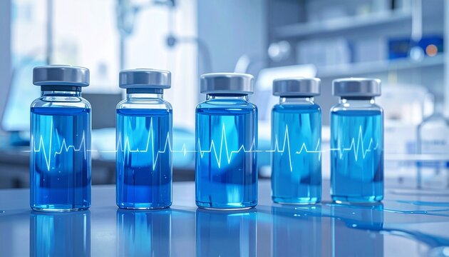 medical vials blue liquid ECG label reflective surface clinical lab setting cardiovascular research --v 5 --ar 16:9