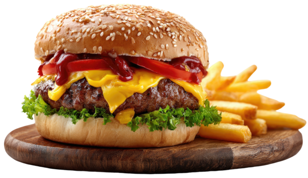 Hearty cheeseburger with melted cheese and crispy fries