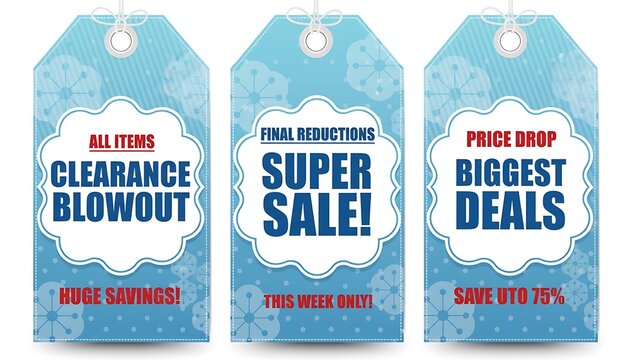 Three blue sale tags announcing clearance blowout super sale and biggest deals