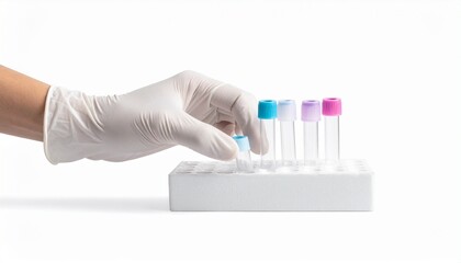 gloved hand holding tray of test tubes blue caps laboratory sterile environment medical research setup --v 5 --ar 16:9