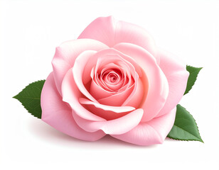 stunning close-up photograph captures a single, perfectly bloomed pink rose with soft, layered petals spiraling inwards. Two vibrant green leaves flank the elegant flower, all isolated against a crisp