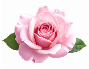 stunning close-up photograph captures a single, perfectly bloomed pink rose with soft, layered petals spiraling inwards. Two vibrant green leaves flank the elegant flower, all isolated against a crisp