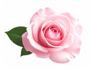 stunning close-up photograph captures a single, perfectly bloomed pink rose with soft, layered petals spiraling inwards. Two vibrant green leaves flank the elegant flower, all isolated against a crisp