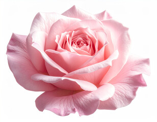stunning close-up photograph captures a single, perfectly bloomed pink rose with soft, layered petals spiraling inwards. Two vibrant green leaves flank the elegant flower, all isolated against a crisp