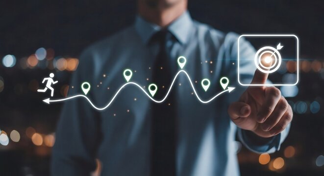 Business growth strategy and goal achievement concept – Businessman reaching target on curved progress path