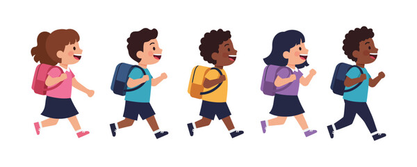 Diverse Group of Cheerful Elementary School Children Running With Backpacks