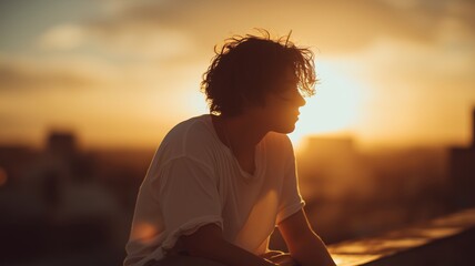 Young Latino man with messy hair sits alone on city rooftop at sunset, thinking peacefully and enjoying the golden hour view in urban summer evening