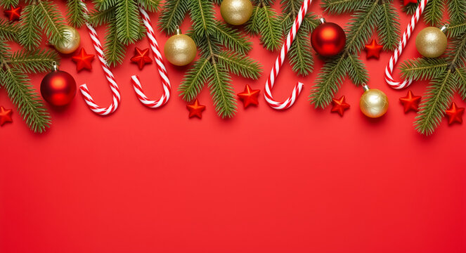 Festive Christmas border with fir branches, candy canes, and ornaments. Holiday decorations with red and gold baubles on a red background. Top view flat lay with space for text