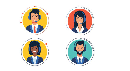 Fototapeta premium Diverse set of four customer service agent icons shows men and women with headsets ready for call center telemarketing support.