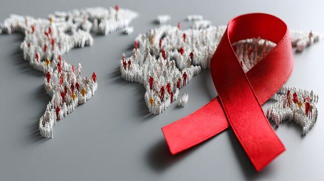 3d illustration of a red HIV awareness ribbon placed on a world map made of tiny human figures, symbolizing global solidarity and health awareness
