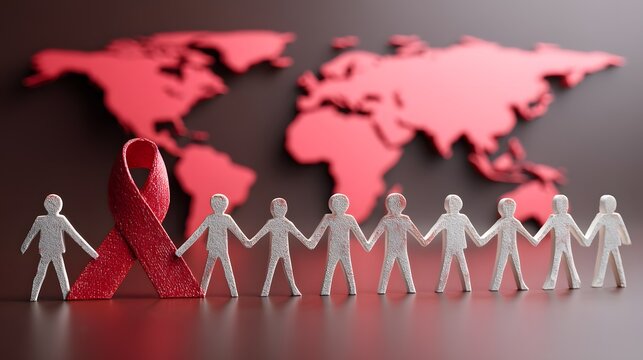 3d illustration of paper-cut human figures holding hands beside a red HIV awareness ribbon with a blurred world map background, symbolizing global unity and health support