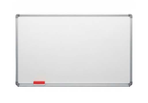 Empty whiteboard with eraser isolated on transparent background for presentations and education