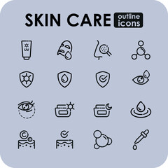 Outline icons set for Skin Care and Dermatology. A collection of minimalist, black and white line art symbols illustrating beauty routine steps, skin science (DNA, layers), and cosmetic product applic