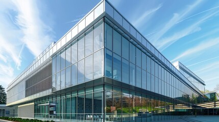 Fototapeta premium Exterior view of modern glass office building under blue sky day time architectural photography