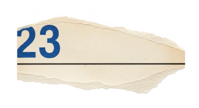 Torn paper with number 23 isolated on transparent background