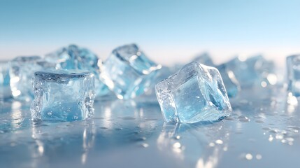 Obraz premium Refreshing clear ice cubes melting on a wet reflective surface.