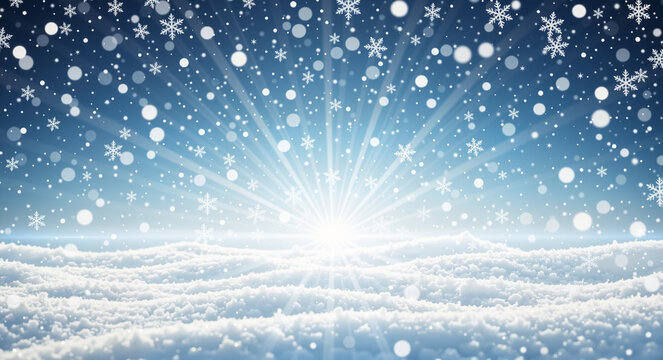 Winter snow background with falling snowflakes. Christmas and New Year holiday celebration scene with a sunburst over a snowy landscape - Powered by Adobe