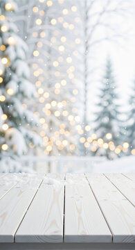 Empty white wooden table with snow for product display. Christmas winter background with a snowy forest and festive bokeh lights