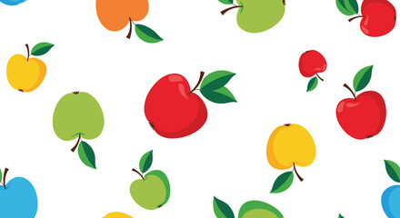 Obraz premium Colorful seamless pattern of fresh apples in red green yellow and blue scattered randomly on a clean simple white background.