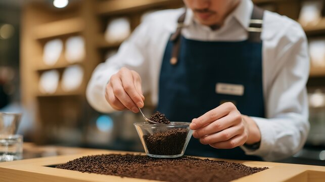 A barista hosting a coffee cupping session, spreading freshly ground beans on a table and guiding guests through fragrance, acidity, and mouthfeel evaluations — specialty coffee tasting, artisanal