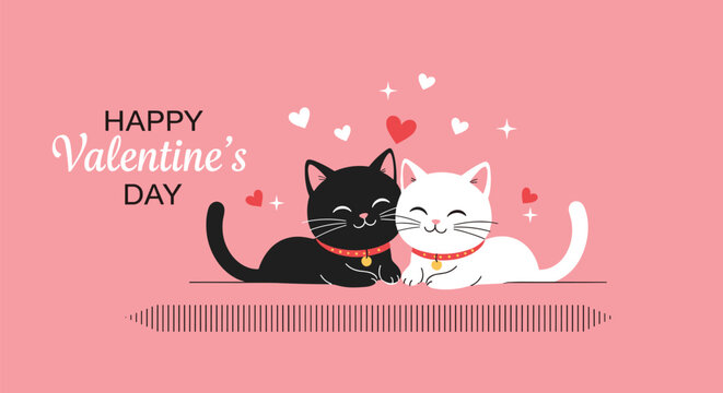 Cute black and white cats cuddle together under floating hearts with Happy Valentine's Day text on a romantic pink background.