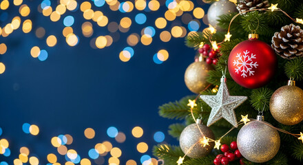 Decorated Christmas tree with red bauble and silver star on blue background. Festive New Year holiday border with bokeh and room for text