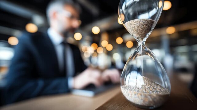 Glass hourglass standing in focus while office work continues in the blurred background