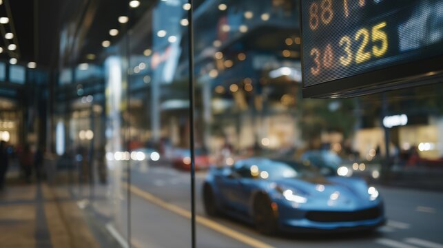 Wide-angle view of high-tech car auction event with LED screens showing live bid numbers — representing luxury lifestyle, digital finance innovation, and modern auto industry elegance in