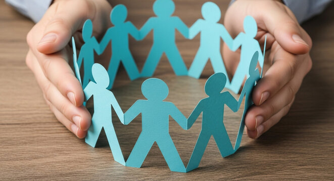 Human hands embrace and protect a ring of blue paper figures on a wood surface.