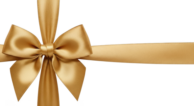 Golden satin ribbon bow isolated on transparent background