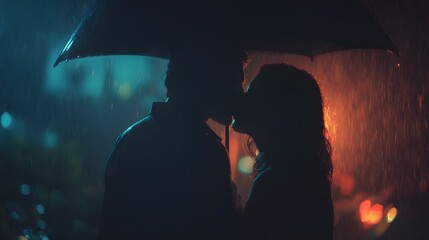 Romantic couple shares a kiss under an umbrella on a rainy city night.