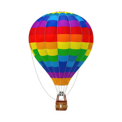 Fototapeta premium Vibrant rainbow striped hot air balloon ascends against a dark backdrop