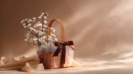 Romantic still life of a wicker basket filled with white flowers in soft light.