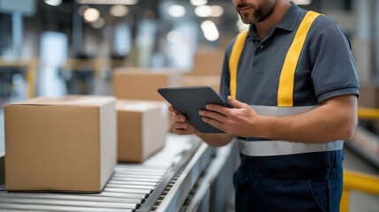 A worker sliding boxes down a warehouse conveyor chute for sorting, efficiency monitored by a digital tablet nearby — logistics optimization, distribution workflow, and warehouse automation.