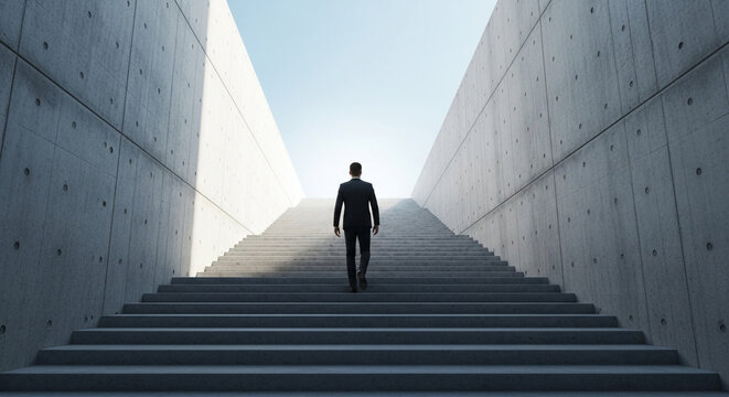 Businessman ascending concrete stairs towards bright sky, symbolizing success and future