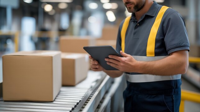 A worker sliding boxes down a warehouse conveyor chute for sorting, efficiency monitored by a digital tablet nearby — logistics optimization, distribution workflow, and warehouse automation. - Powered by Adobe