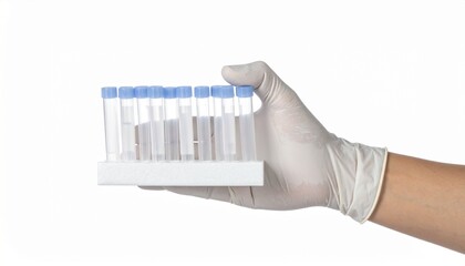 gloved hand holding tray of test tubes blue caps laboratory sterile environment medical research setup --v 5 --ar 16:9