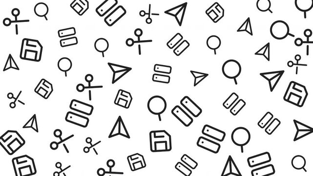 Seamless pattern of minimalistic black and white office supplies icons scattered on white background, graphic design, flat lay, digital illustration