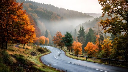 Scenic mountain road winding through a colorful autumn forest on a foggy morning.