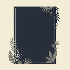 A minimalist dark rectangular frame with elegant botanical leaf and branch decorations in the corners, set on a light beige background.