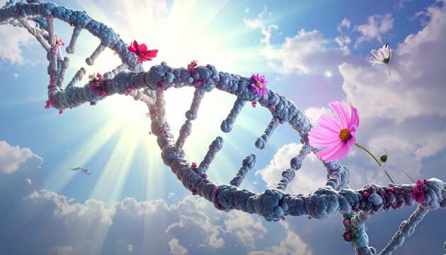 digital DNA double helix glowing blue background molecular spheres rods futuristic genetics art --v 5 --ar 16:9