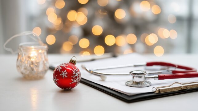 A stethoscope, clipboard, and red Christmas ornament on a bright desk - Powered by Adobe